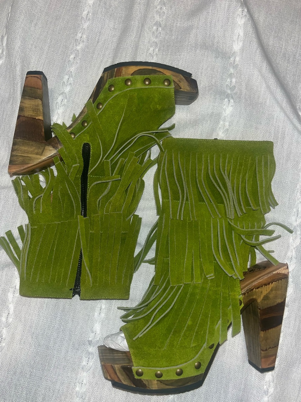 John Fluevog Jericho Olive Green Suede Fringe Platform Boots Booties 8 2012